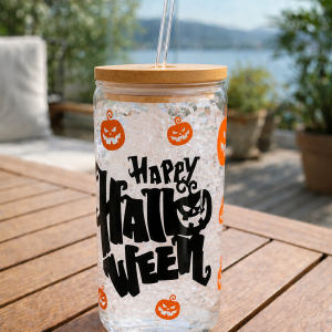 Vaso de Cristal Personalizado con Tapa de Bambú y Pajita