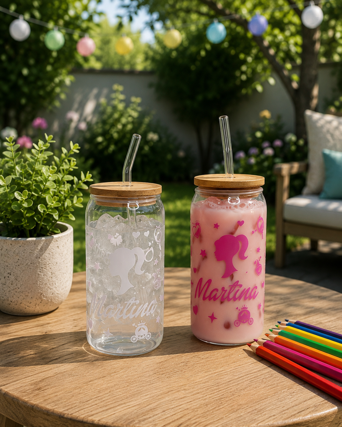 Vaso de Cristal Personalizado con Pajita y Tapa de Bambú (Termosensible)