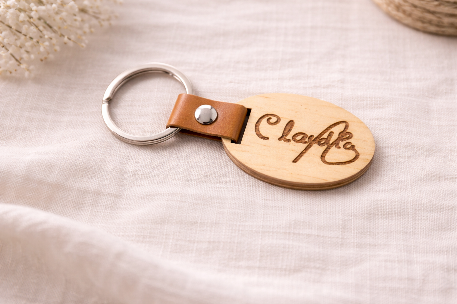 Llavero personalizado de madera ovalado