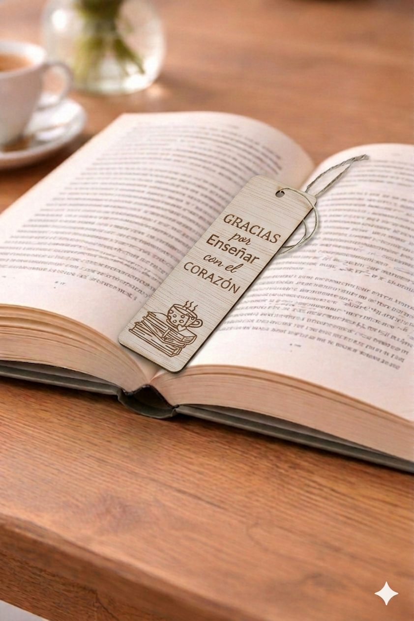 Marcapáginas personalizado de madera grabado para maestros