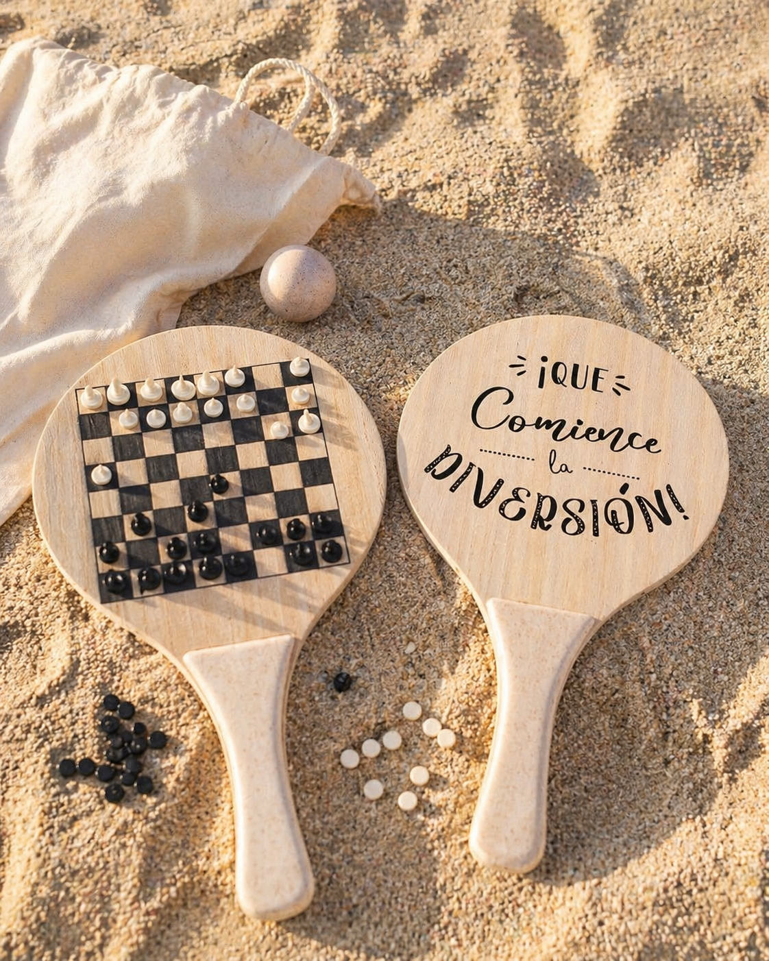 Set de palas de madera 3 en 1 con bolsa personalizada